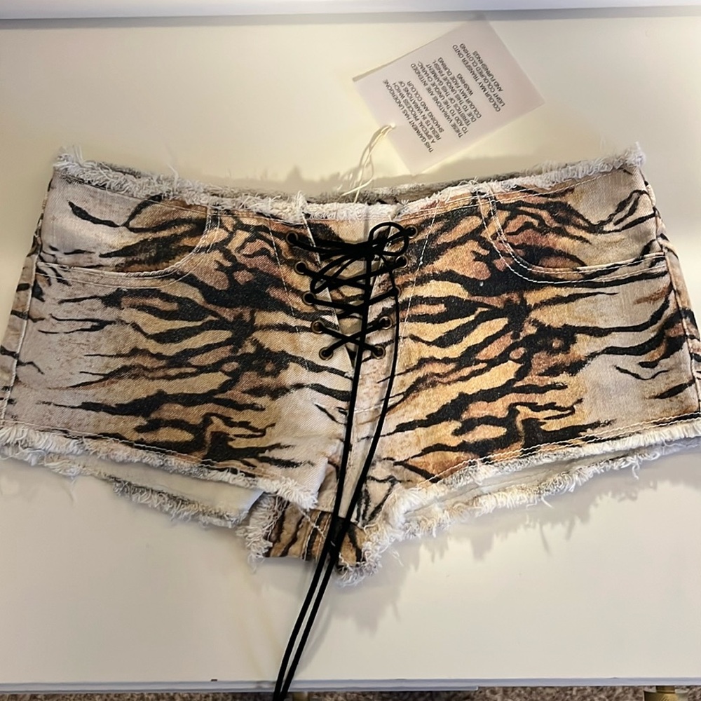 NEW Jaded London Lace Up Cut Off Tiger Denim Hot Pants Shorts 26 Y2K Style